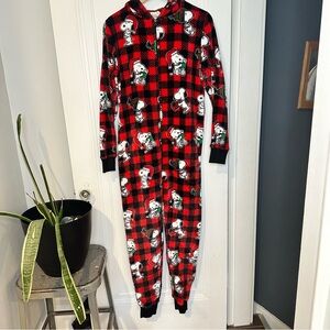 Munki Munki Snoopy Red Buffalo Plaid peanuts Onesie Pajamas fleece small